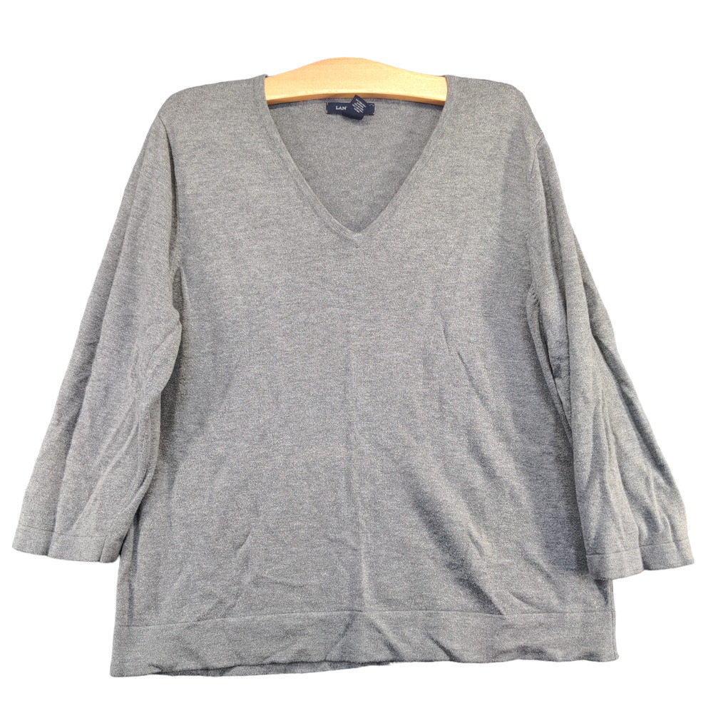 Lands End V Neck Women's Top Gray Size L Rayon Nylon Cotton Blend Blank